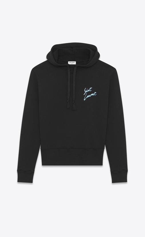 SAINT LAURENT Sportswear Tops Herren Saint Laurent Kapuzensweatshirt aus schwarzem und blauem Frottee mit Metallic-Finish a_V4